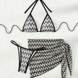Swim Conjunto de bikini de triangulo con estampado de espina de pescado, 3 piezas