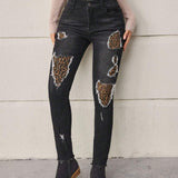 LUNE Jeans de mujeres de leopardo con estampado mezclilla