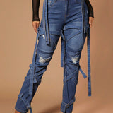 SXY Jeans Con Detalle De Tiras Rasgadas Y Hebillas