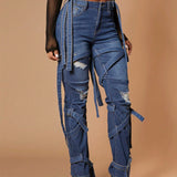 SXY Jeans Con Detalle De Tiras Rasgadas Y Hebillas