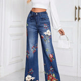 Essnce Jeans con estampado floral de pierna ancha