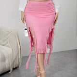 Prive Plus Ruffle Trim Ruched Asymmetrical Hem Skirt