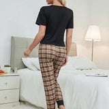 Conjunto de pijama top con estampado de letra con pantalones de cuadros