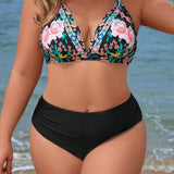 Swim Vcay Conjunto De Bikini Con Estampado Floral Y Cuello Halter De Talla Grande Para Mujer Con Parte Inferior Lateral Con Lazo