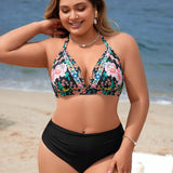 Swim Vcay Conjunto De Bikini Con Estampado Floral Y Cuello Halter De Talla Grande Para Mujer Con Parte Inferior Lateral Con Lazo