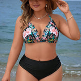 Swim Vcay Conjunto De Bikini Con Estampado Floral Y Cuello Halter De Talla Grande Para Mujer Con Parte Inferior Lateral Con Lazo