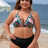 Swim Vcay Conjunto De Bikini Con Estampado Floral Y Cuello Halter De Talla Grande Para Mujer Con Parte Inferior Lateral Con Lazo