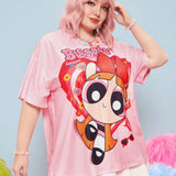 The Powerpuff Girls | ROMWE Plus Cartoon Print Loose Drop Shoulder T-Shirt