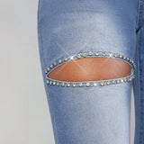 Jeans De Campana Ajustados Para Mujer Con Diamante Incrustado Y Detalles De Perforaciones