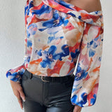 Prive Blusa De Manga Larga Con Manga De Linterna, Cuello Asimetrico Con Estampado Floral