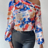 Prive Blusa De Manga Larga Con Manga De Linterna, Cuello Asimetrico Con Estampado Floral