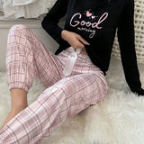 con estampado de letra Top de cuadros Pantalones Conjunto de pijama