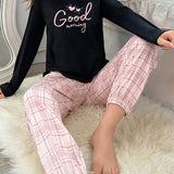 con estampado de letra Top de cuadros Pantalones Conjunto de pijama