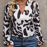 Camisa Con Mangas Farol Y Cuello Con Muescas Con Estampado De Leopardo