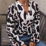 Camisa Con Mangas Farol Y Cuello Con Muescas Con Estampado De Leopardo