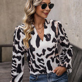 Camisa Con Mangas Farol Y Cuello Con Muescas Con Estampado De Leopardo