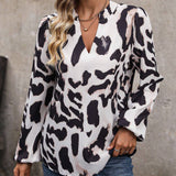 Camisa Con Mangas Farol Y Cuello Con Muescas Con Estampado De Leopardo