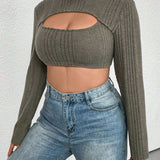 EZwear Plus Cut Out Front Mock Neck Crop Tee