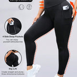 Yoga Basic Talla grande Leggings deportivos unicolor de cintura ancha con bolsillo para telefono