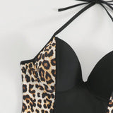 Swim Traje De Bano De Una Pieza Con Estampado De Leopardo Y Cuello Halter Para Mujeres