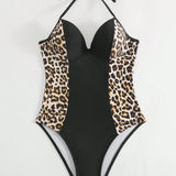 Swim Traje De Bano De Una Pieza Con Estampado De Leopardo Y Cuello Halter Para Mujeres