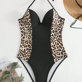 Swim Traje De Bano De Una Pieza Con Estampado De Leopardo Y Cuello Halter Para Mujeres