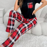 Conjunto De Pijama De Mujer Con Estampado A Cuadros Y Parches