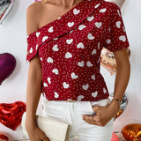 LUNE Blusa Estampada De Corazon Y Lunares Con Hombro Oblicuo Para Mujer