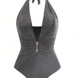 Traje De Bano De Una Pieza Con Cuello Halter Y Hilo Metalico Para Mujer Con Estilo Sexy Y Elegante