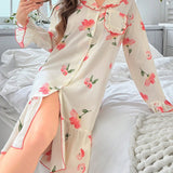 Vestido De Dormir Decorado Con Dobladillo Con Volantes Y Estampado Floral Para Mujer