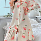 Vestido De Dormir Decorado Con Dobladillo Con Volantes Y Estampado Floral Para Mujer