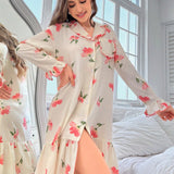 Vestido De Dormir Decorado Con Dobladillo Con Volantes Y Estampado Floral Para Mujer