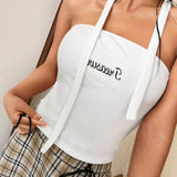 EZwear Top De Ribete De Mujer Sin Tirantes Con Detalle De Letras Bordadas Y Cinturon Decorativo