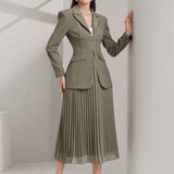 Modely Conjunto De Blazer Con Cremallera Y Falda Plisada De Color Solido Para Mujer Con Cuello Vuelto