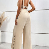 VCAY Women's Vacation Style Wide Leg Jumpsuit With Texture, Button Detailing And Spaghetti Straps