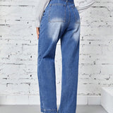 EZwear Jeans Rectos Con Bolsillos Y Cinturon De Cintura Alta Para Mujer
