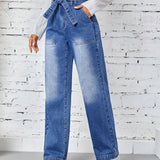 EZwear Jeans Rectos Con Bolsillos Y Cinturon De Cintura Alta Para Mujer