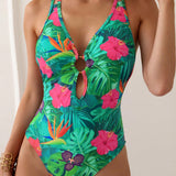 Swim Traje De Bano De Una Pieza Ahuecado Con Estampado Tropical