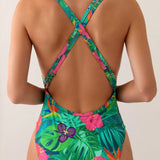 Swim Traje De Bano De Una Pieza Ahuecado Con Estampado Tropical