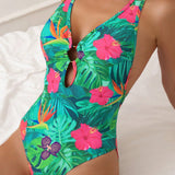 Swim Traje De Bano De Una Pieza Ahuecado Con Estampado Tropical