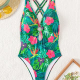 Swim Traje De Bano De Una Pieza Ahuecado Con Estampado Tropical