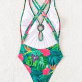 Swim Traje De Bano De Una Pieza Ahuecado Con Estampado Tropical