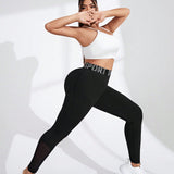 Yoga Basic Leggings deportivos de cintura con estampado de letra cinta