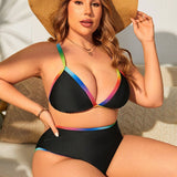 Swim Curve Traje De Bano De Talla Grande Con Rayas Degradadas Para Mujer Con Diseno De Estampado Aleatorio