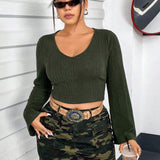 EZwear Women's Plus Size V-neck Striped Ruffle Sleeve Cropped T-shirt