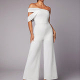 BAE White Mesh Asymmetrical Off-Shoulder One-Shoulder Gathered Summer Women Wide-Leg Pants For Valentine's Day And New Year'S Eve