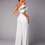 BAE White Mesh Asymmetrical Off-Shoulder One-Shoulder Gathered Summer Women Wide-Leg Pants For Valentine's Day And New Year'S Eve