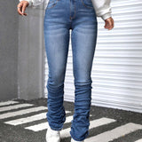 EZwear Jeans De Diseno De Pila De Doble Boton De Cintura Alta Para Mujer