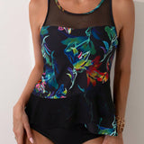 Swim Lushore Conjunto tankini impreso con detalles de paneles de malla holografica