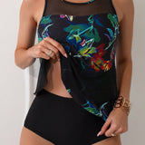 Swim Lushore Conjunto tankini impreso con detalles de paneles de malla holografica